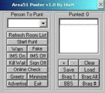 Area51 Punter v1.0 by HieN - a real Yahoo chat room punter with Refresh Room List, Start Punt, Warn, Fake, IMS On/Off, Kill Wait, Sign Off, Greetz, and Braq buttons