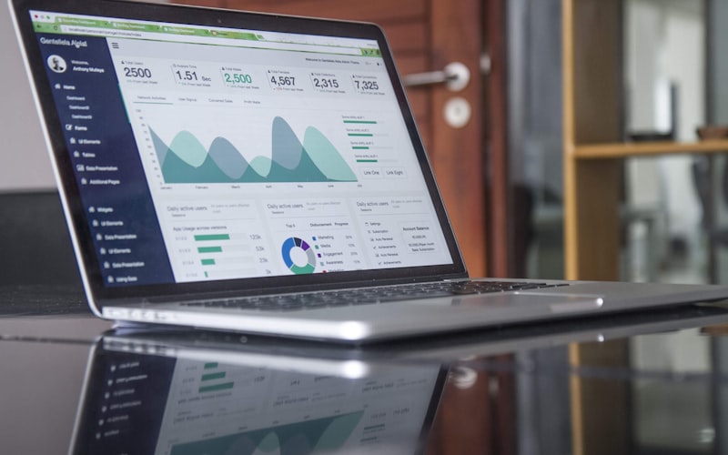 Data analytics dashboard showing charts and metrics