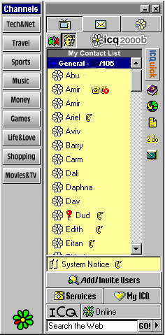 ICQ Channels interface - the actual ICQ channels window from 2000