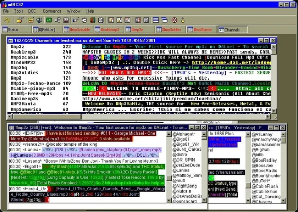 mIRC32 showing DALnet channels - MP3 trading channels, colored text, channel lists with user counts, and the chaotic multi-window IRC interface of 2001