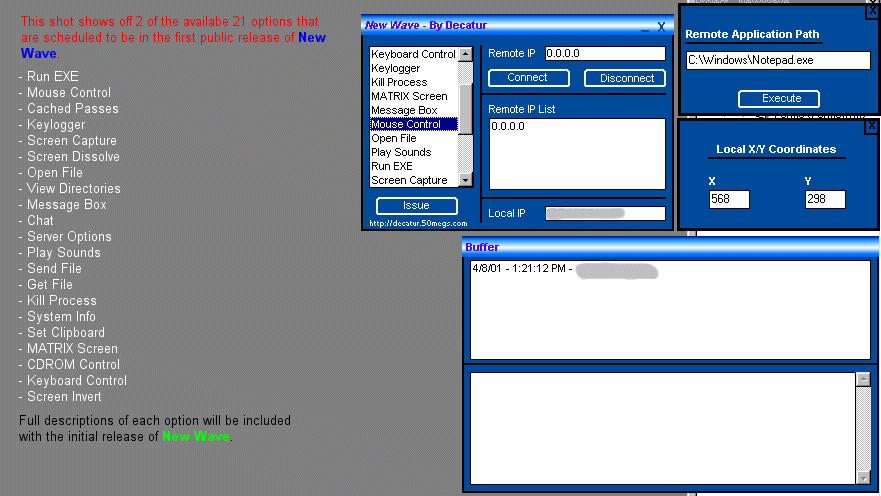 New Wave RAT - full VB6 Remote Administration Tool interface screenshot from 2001
